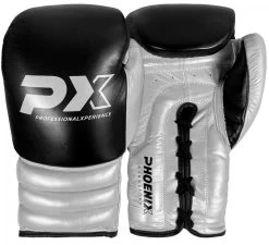 PHOENIX PX Wettkampf Boxhandschuhe Leder Schwarz-silber